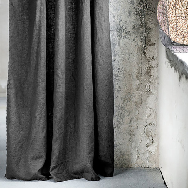 Shabby Chic Charcoal Grey 100% Flax Linen Curtain 1