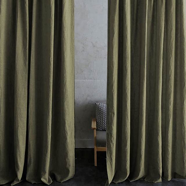 Shabby Chic Olive Green 100% Flax Linen Curtain 1