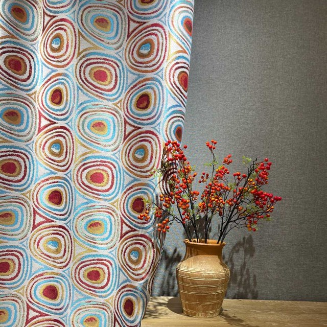 Circle Dance Red Blue Modern Geometric Patterned Curtain 1