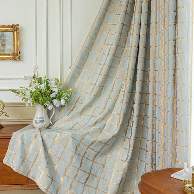 Gilded Grid Duck Egg Blue and Gold Curtain 1