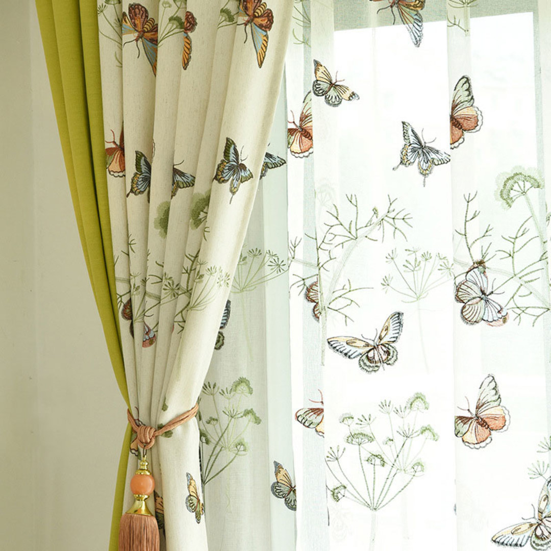 Butterfly Garden Cream Floral Embroidered Linen Style Curtain