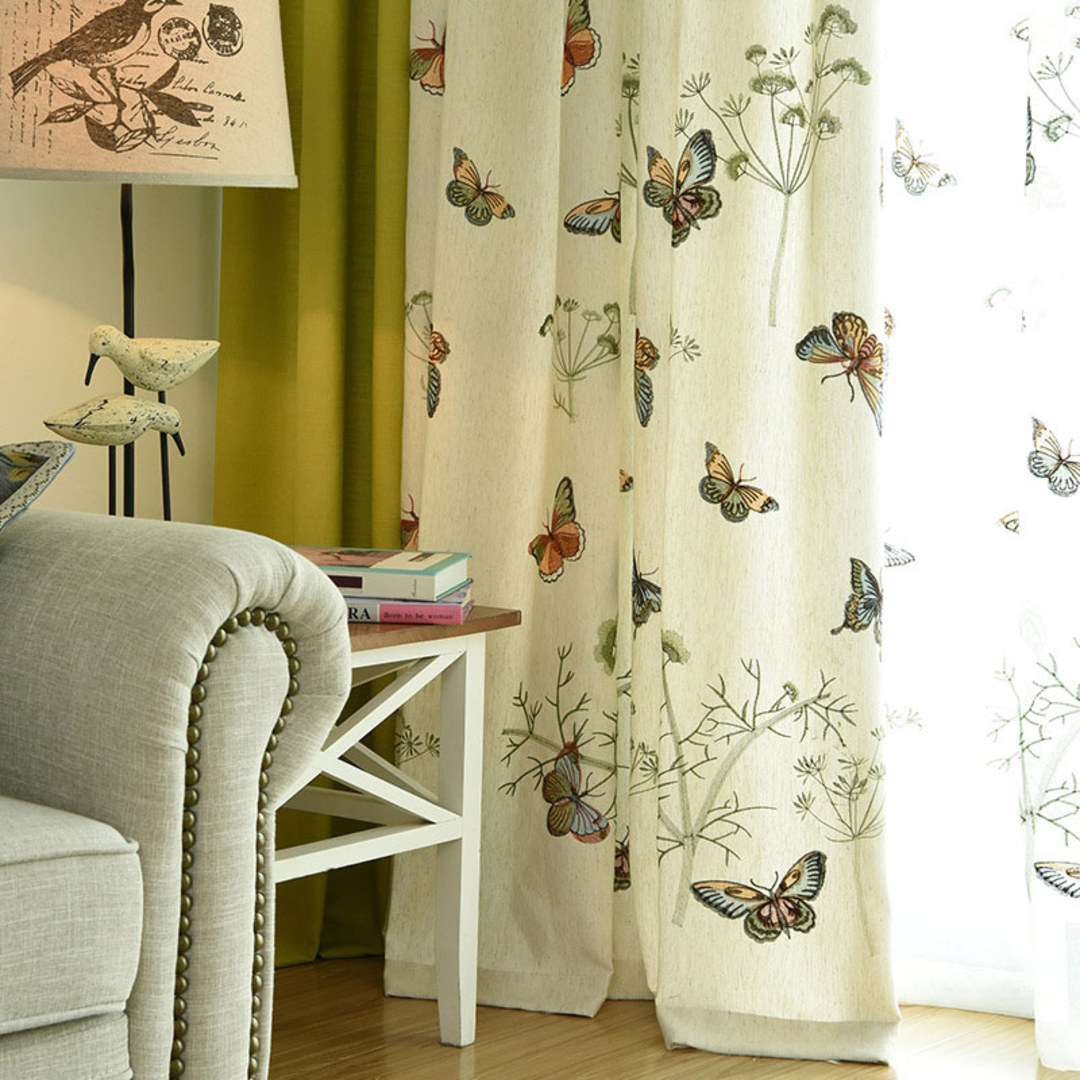 Butterfly Garden Cream Floral Embroidered Linen Style Curtain