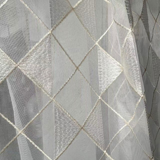 Enchanted Check Embroidered Geometric Ivory White and Gold Voile Curtain