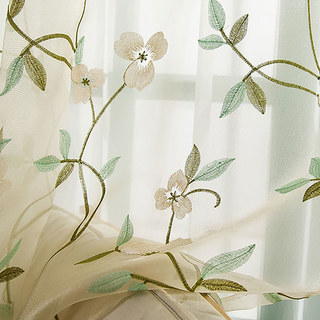 Fancy Pansy Green Leaf Embroidered Cream Voile Curtain 2