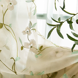 Fancy Pansy Green Leaf Embroidered Cream Voile Curtain