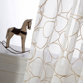 Pebble Beach Gold Embroidered Circles Ivory White Sheer Curtain