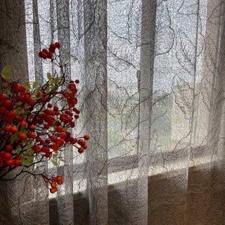 Gold Leaves Embroidered Grey Mesh Net Curtain