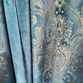 Heritage Luxury Blue and Gold Damask Velvet Curtain