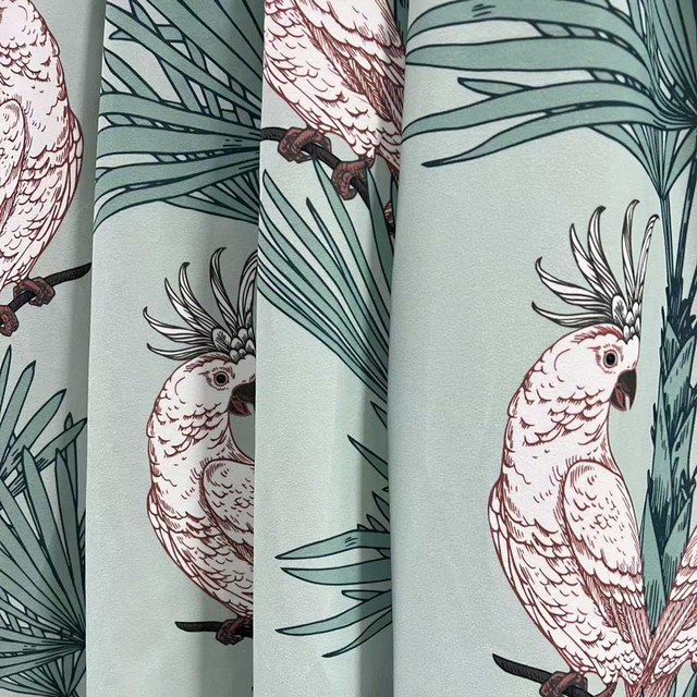 Paradise Parrots Sage Green Velvet Floral Curtains 1