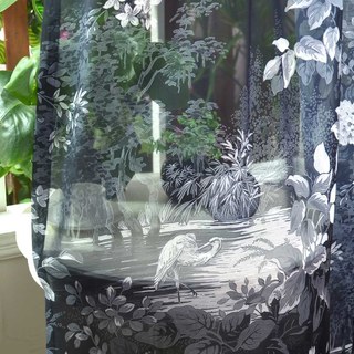 Oasis Tropical Trees Flowers Cranes Black Sheer Curtains