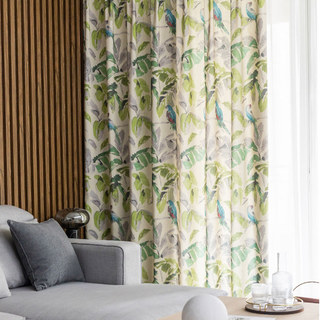 Verde Vista Tropical Leaves and Parrots Green Curtain 3