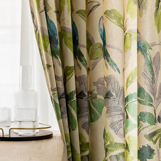 Verde Vista Tropical Leaves and Parrots Green Curtain 2