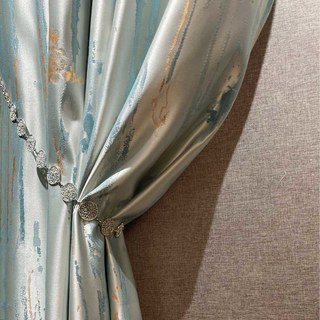 Misty Rain Jacquard Faux Silk Cream & Pastel Blue Floral Curtain With Gold Details 1