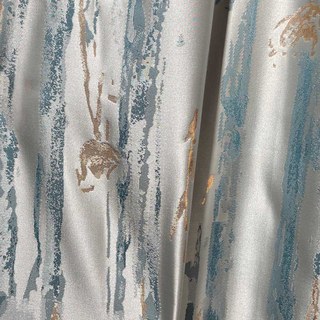 Misty Rain Jacquard Faux Silk Cream & Pastel Blue Floral Curtain With Gold Details 4