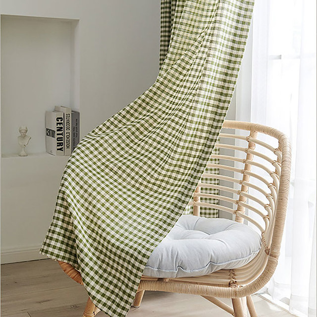 Farmhouse Charm Linen Style Olive Green Gingham Check Curtains 1