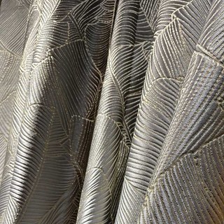 Banana Leaves Luxury 3D Jacquard Silver Grey Curtain with Gold Details 3