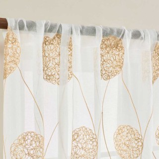 Dancing Pom Pom Embroidered Cream Gold Voile Curtain