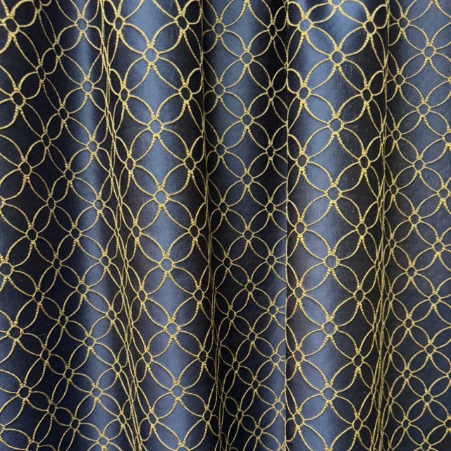 Belle Fleur 3D Jacquard Quatrefoil Blue Curtain with Gold Details 1