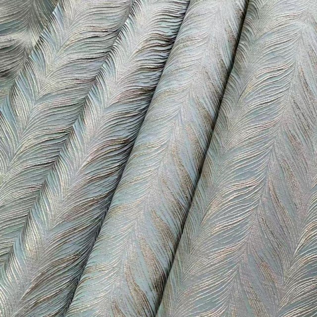 Aqualuna Luxury Jacquard Duck Egg Blue Curtain with Gold Herringbone Details 1