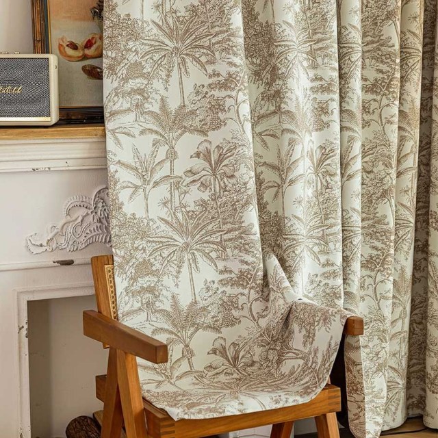 Vintage Tropica Mocha Brown Chenille Toile de Jouy Curtains 1