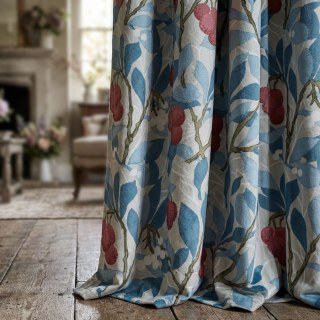 Arbutus Red Berries William Morris Blue Floral Velvet Curtain 2