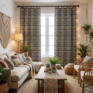 Aztec Ikat Black and White Horizontal Striped Geometric Curtain 3