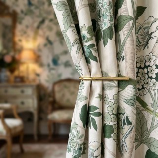 Birds & Blossoms Chinoiserie Olive Green Floral Velvet Curtain 2