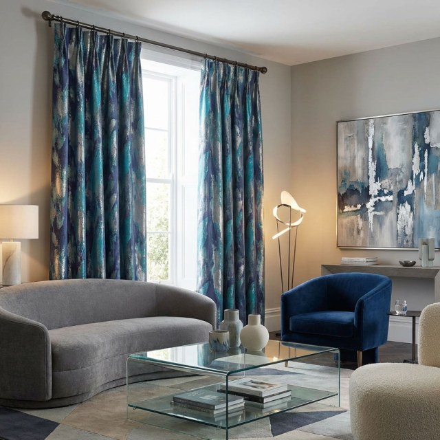 Dazzling Brushwork Luxury Jacquard Teal & Blue Abstract Curtain 1