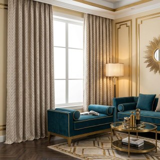 Elegante Art Deco Chevron Champagne Mocha Curtain with Gold Details 2