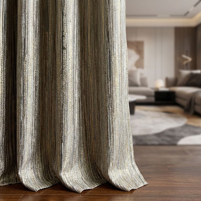 Gilded Stripes Subtle Textured Gray and Gold Striped Curtain 1