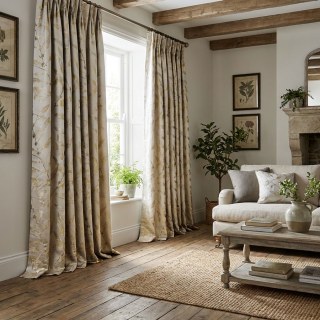 In The Woods Luxury Jacquard Shimmery Beige Leaves Curtain with Gold Details 3