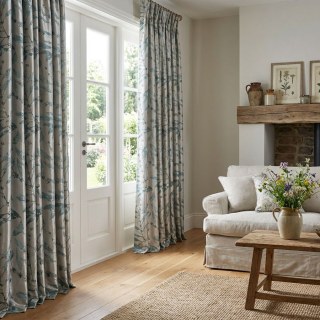 In The Woods Luxury Jacquard Shimmery Teal Leaves Curtain with Gold Details 4