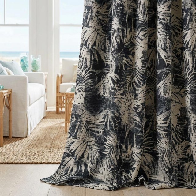 Midnight Palms Dark Ink Blue Tropical Floral Curtains 1