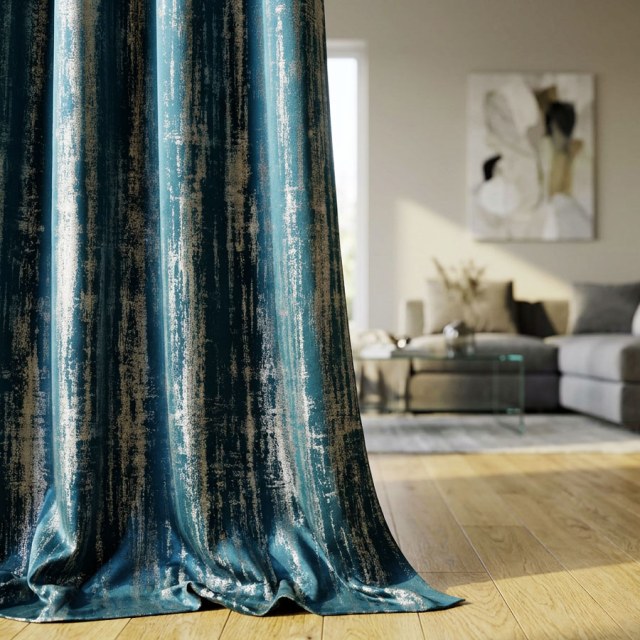 Rustic Rainfall Abstract Textured Glittery Teal Curtains 1