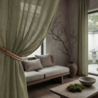 Wabi Sabi Pure Flax Linen Olive Green Sheer Curtain 3