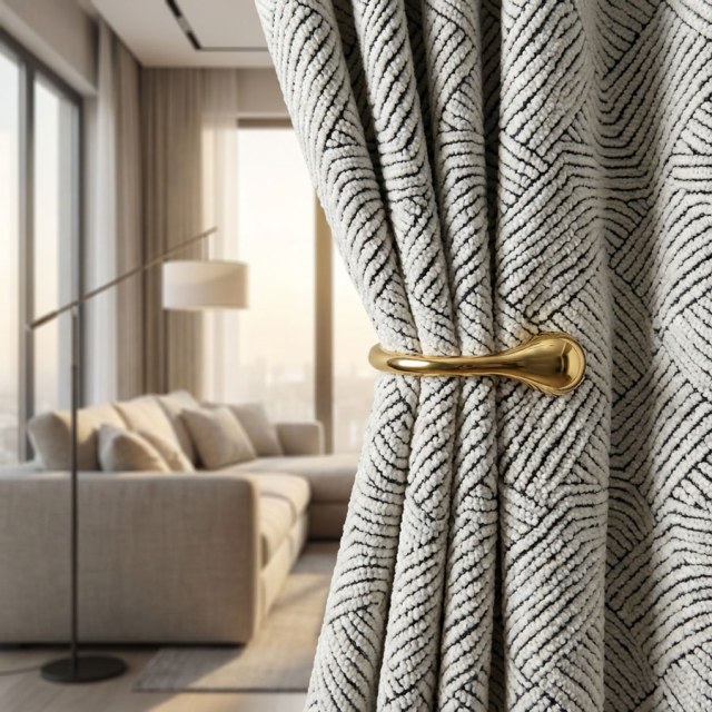 Weave Whisper Geometric Black & White Heavy Wool Chenille Curtain 1