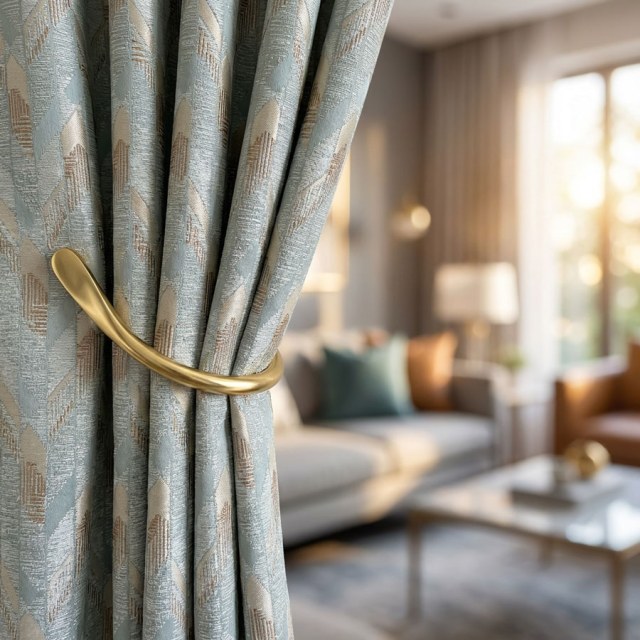 Alpine Luxury Jacquard Ice Blue Geometric Curtain with Gold Details 1