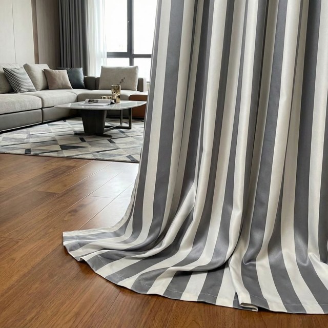 Sleek Gray and White Striped Curtain 1