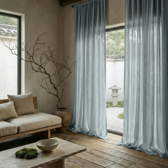 Wabi Sabi Pure Flax Linen Haze Blue Sheer Curtain 1