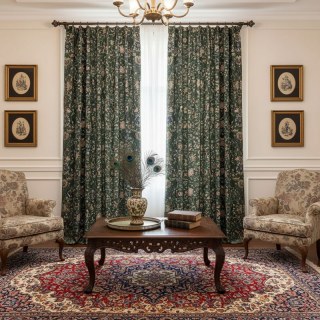 Zanjan Zen Emerald Green Persian Floral Velvet Curtains 2