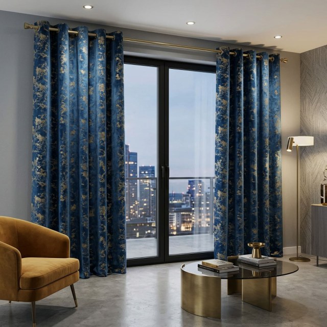 Enigma Sheen Azure Blue Gilded Velvet Curtains 1