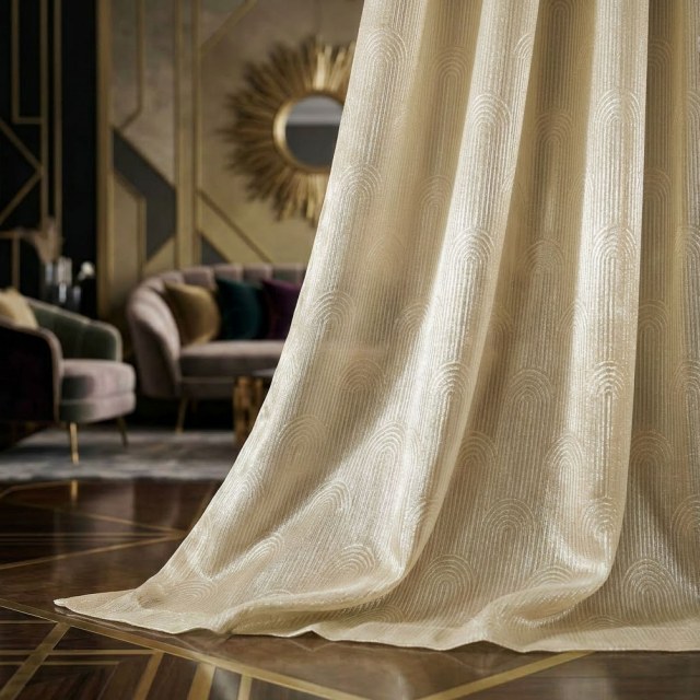 Rolling Hills Art Deco Shimmering Champagne Gold Sheer Curtains 1