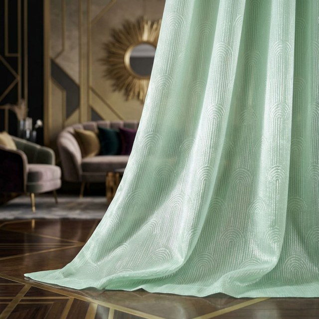 Rolling Hills Art Deco Shimmering Green Sheer Curtains 1