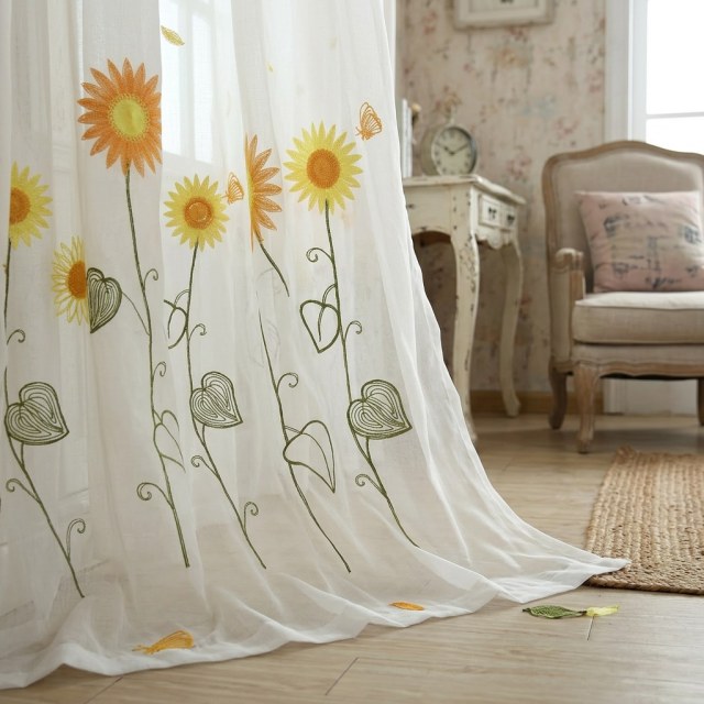 Yellow Sunflower and Butterfly Embroidered Sheer Curtain 1