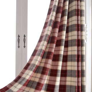 Cozy Plaid Check Burgundy Red Chenille Curtain Drapes 3