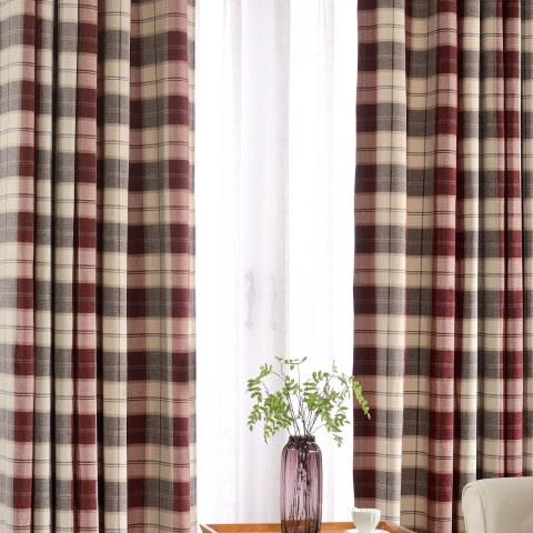 Cozy Plaid Check Burgundy Red Chenille Curtain Drapes 1