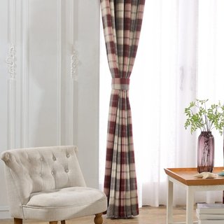 Cozy Plaid Check Burgundy Red Chenille Curtain Drapes 4