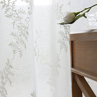 Embroidered Pine Tree Leaves White Floral Sheer Curtain 5