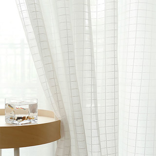 In Grid Windowpane Check White Shimmery Sheer Curtain 1