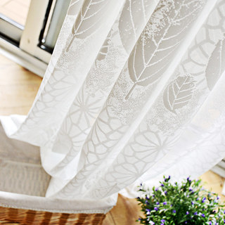 Autumn Days White Geometric Lines And Leaf Design Sheer Net Curtain 3